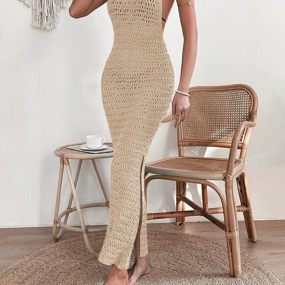 Apricot Casual Womens Hollow Out Split Thigh Cover Up Dress Without Bikini - Picture 3 of 5